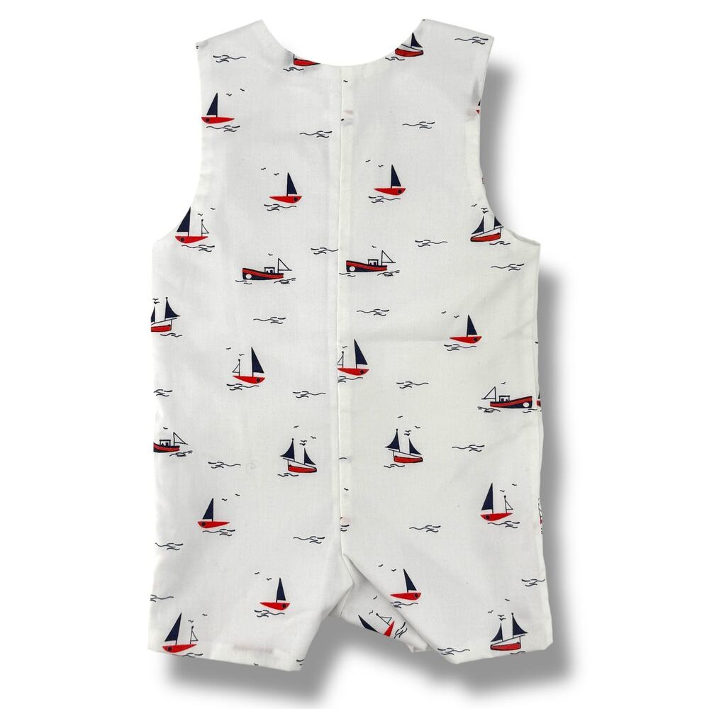 Edgehill Collection Smocked Jon Jon Romper Baby Boy Size 9 Mo Nautical Sail Boat - Picture 6 of 7